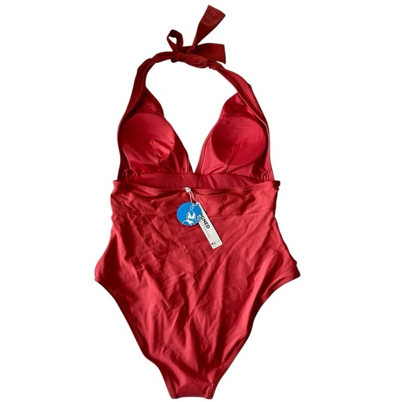 Cupshie Coral Halter Swimsuit with Plunging V-neckline and Ruched Detail SZ L - Picture 2 of 4